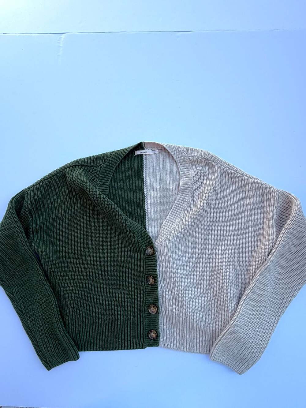 Mi Ami Green and Cream Colorblock Cropped Cardigan Sweater Size M